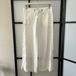 Joie Women s Drawstring Front Tie White 100% Linen Wide Leg Pants Beachwear